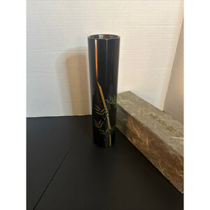 Vintage New Wajima Japanese Black Lacquer Vase w/ Pedestal & Box Bamboo Painting